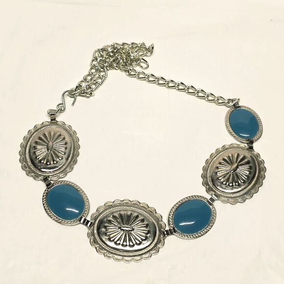 Omega Vintage Western Oval Teal Cabochon Concho Silver Chain Belt M/L Cowgirl main image 7